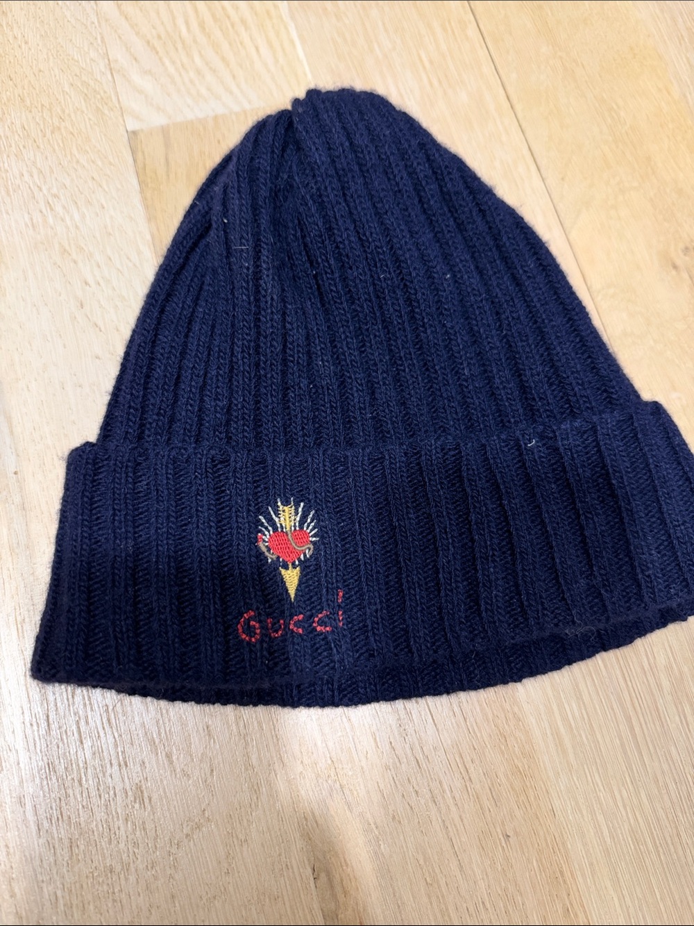 Gucci Navy Ribbed Knit Beanie with Red & Gold Embroidered Heart